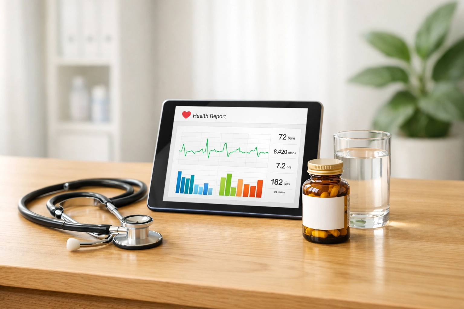 Doctor's desk with a stethoscope and medical chart, illustrating professional online weight loss medication options.