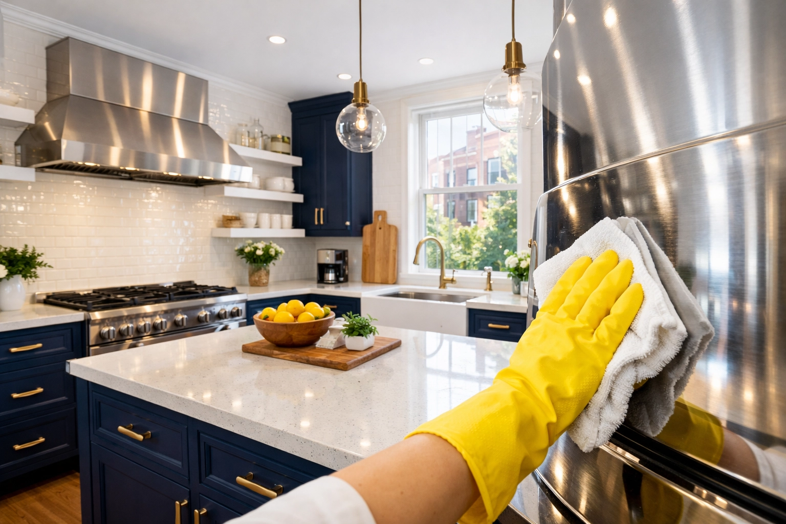 Professional cleaner polishing a stainless steel surface during a thorough Boston apartment turnover.