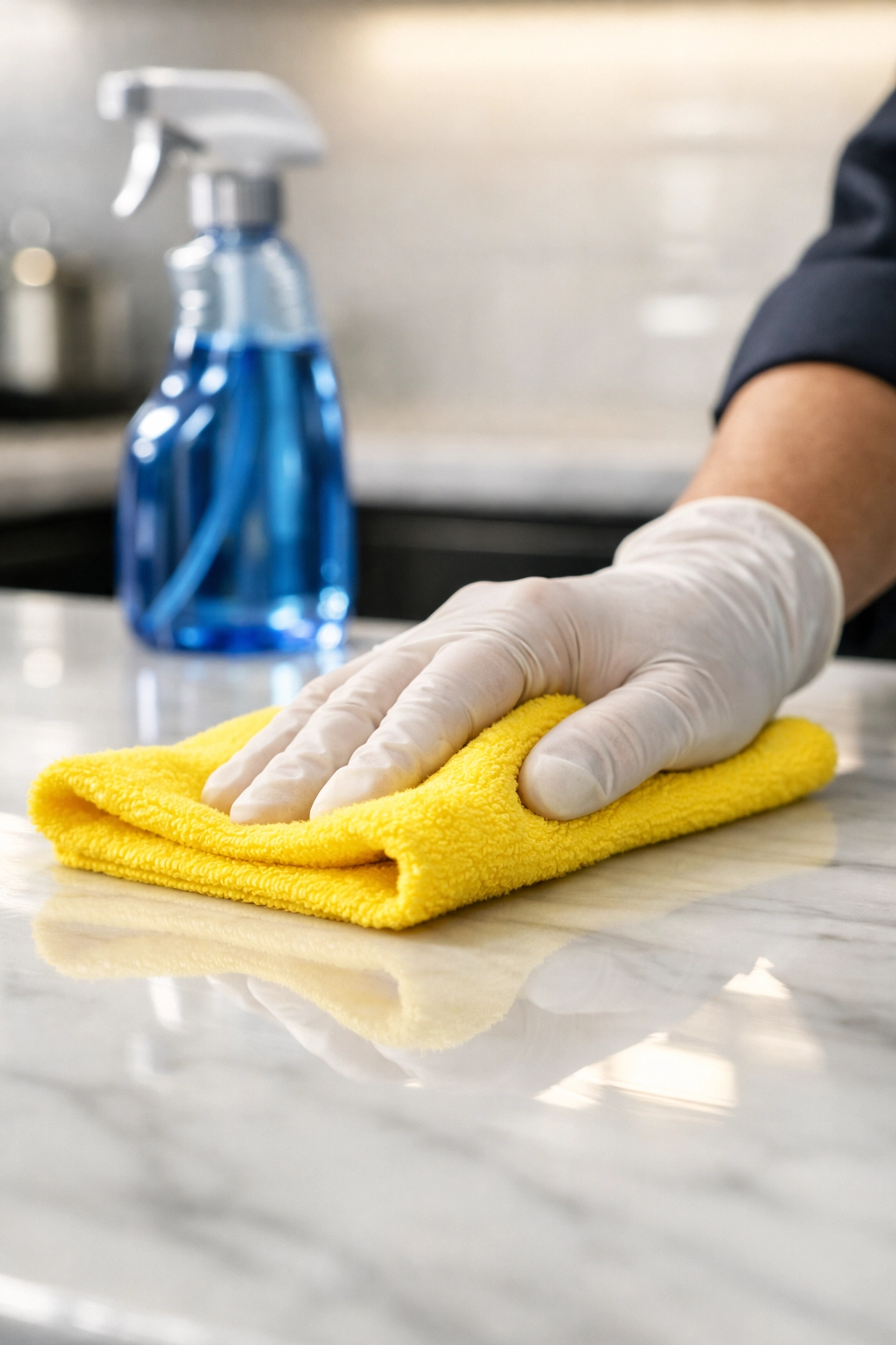 Professional eco-friendly kitchen cleaning on a marble countertop for Harvard, MA residents.