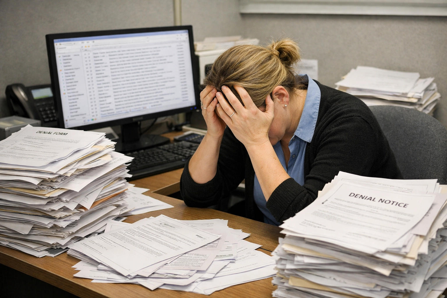 Clinic manager overwhelmed by claim denials and billing paperwork at desk