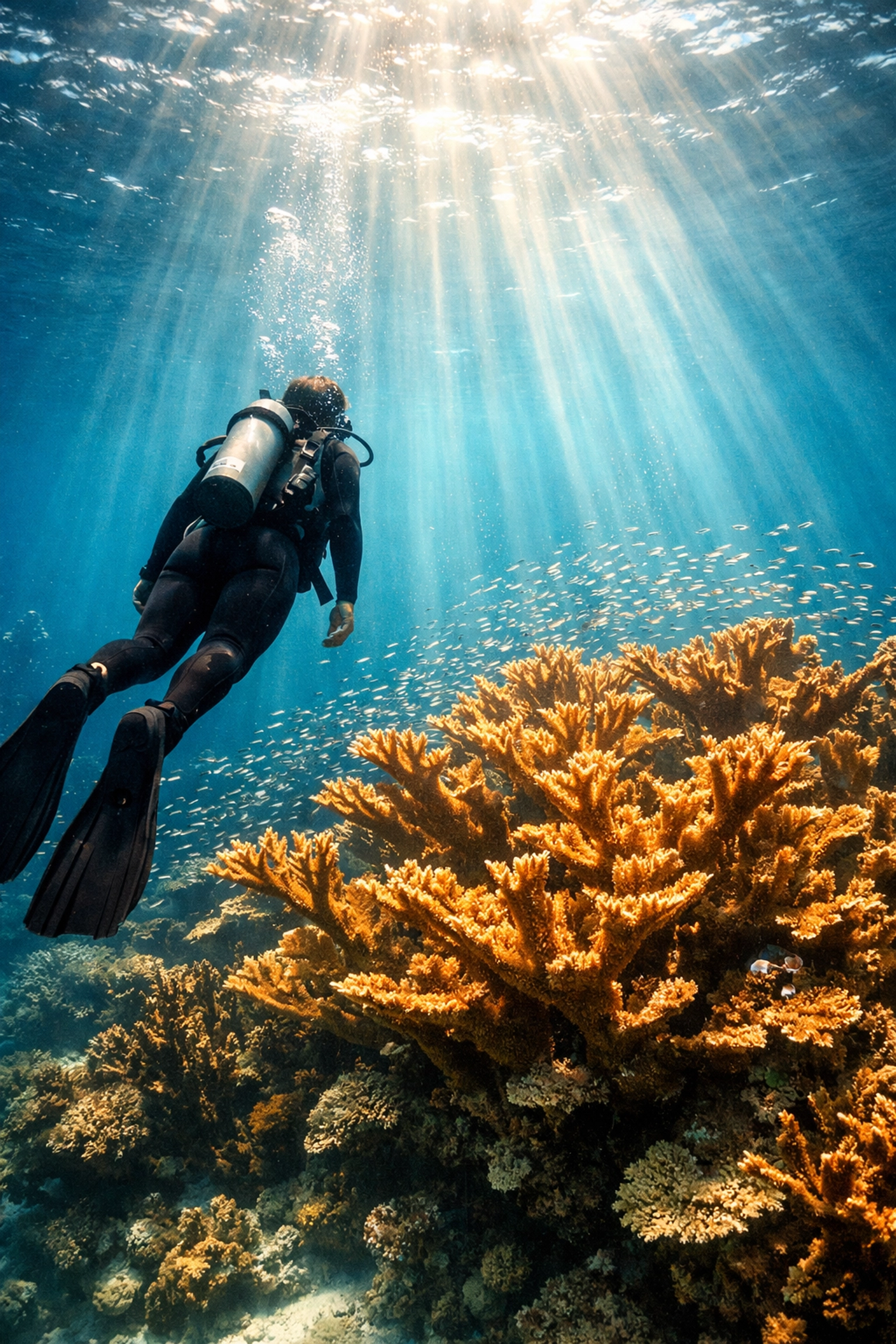 A scuba diver explores a healthy elkhorn coral reef in Curaçao with sunbeams filtering through the clear water.