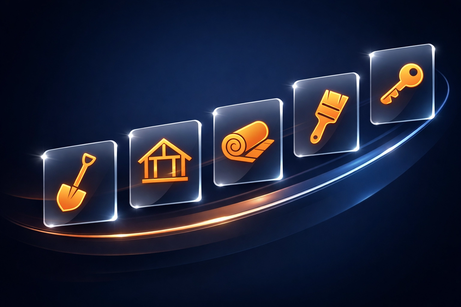 Five icons depicting construction milestones from excavation to project completion.