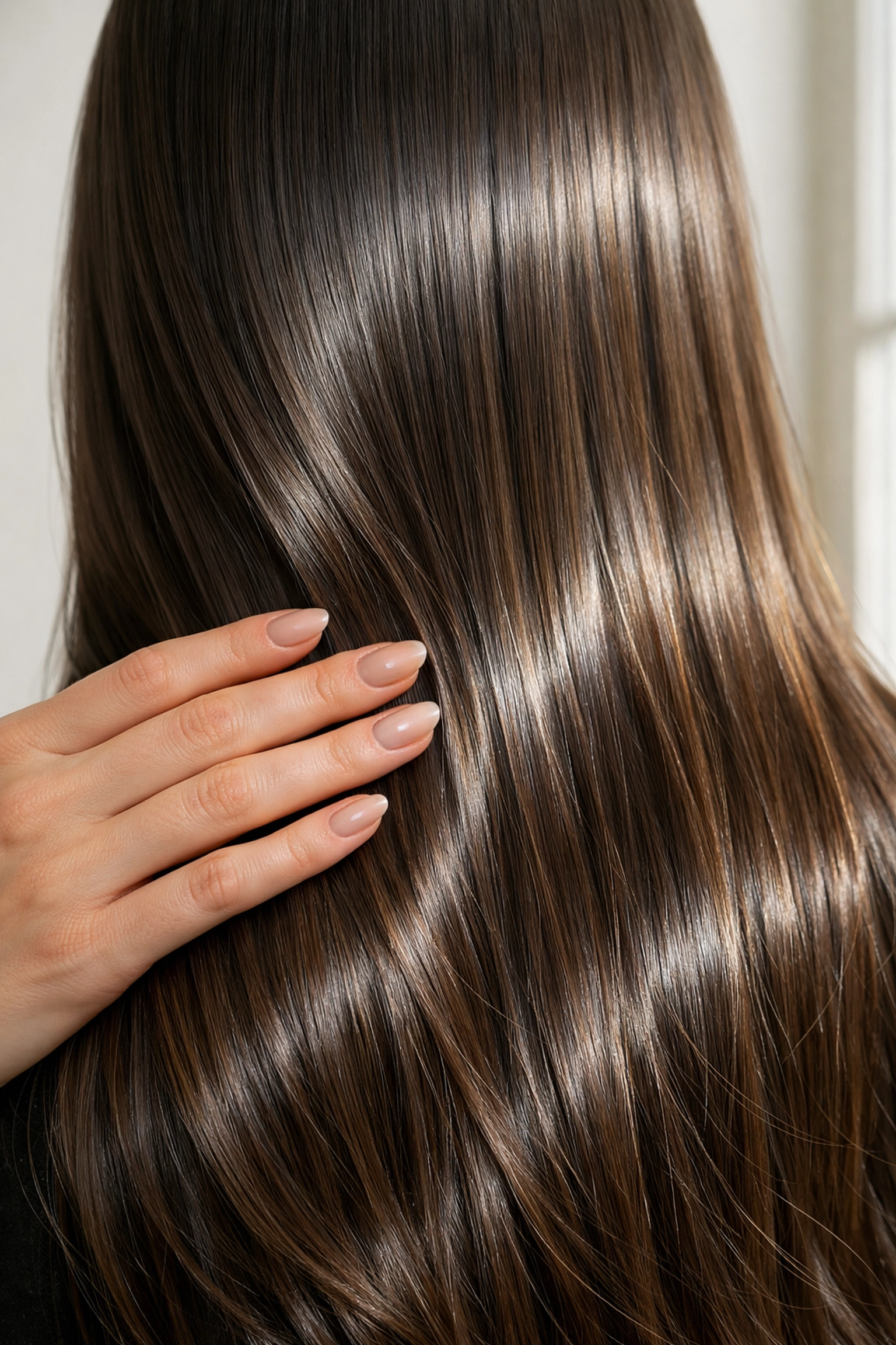 Stylist showing shiny, hydrated hair results after a deep conditioning treatment in Concord, NH.
