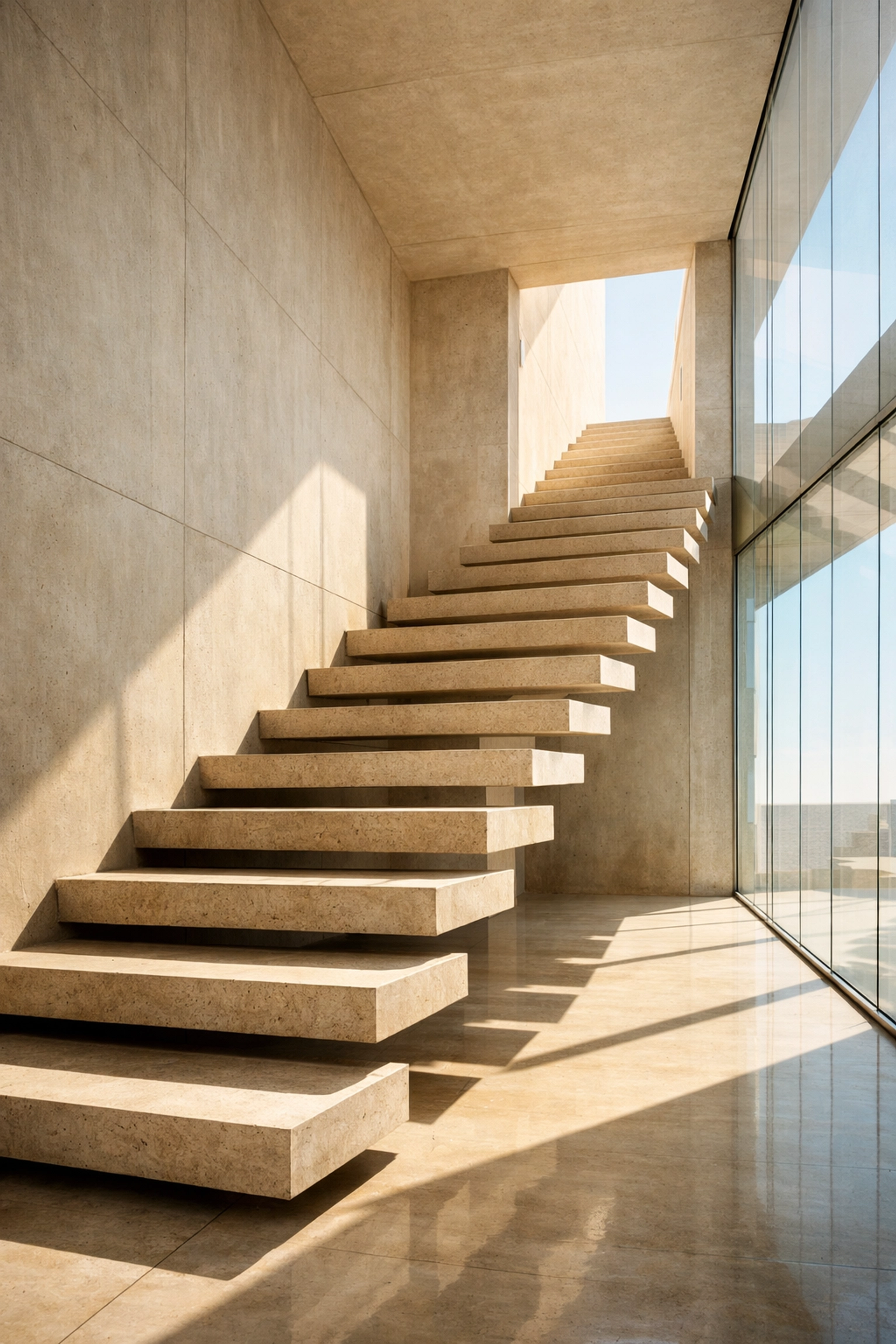 Architectural floating staircase symbolizing a smart path to scaling without hiring.