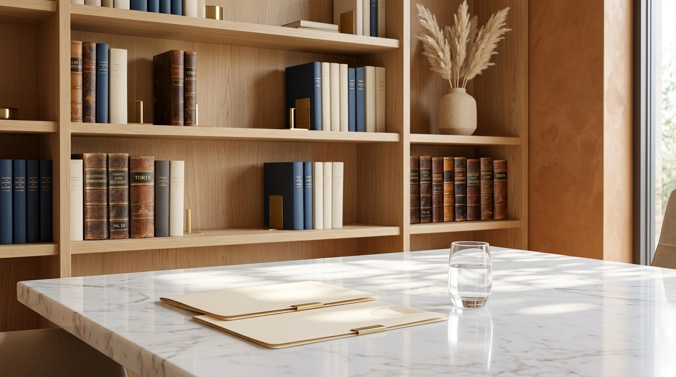 A modern legal consultation room with a marble table and organized folders.