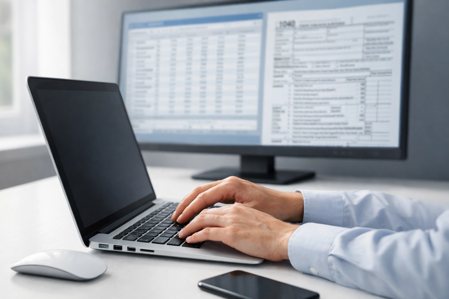 Hands typing on laptop with tax software and spreadsheet data displayed
