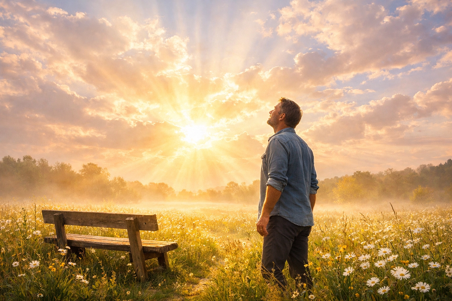 A man in a sunny meadow at dawn looking up, representing restoration and the promise of the Blessed Hope.