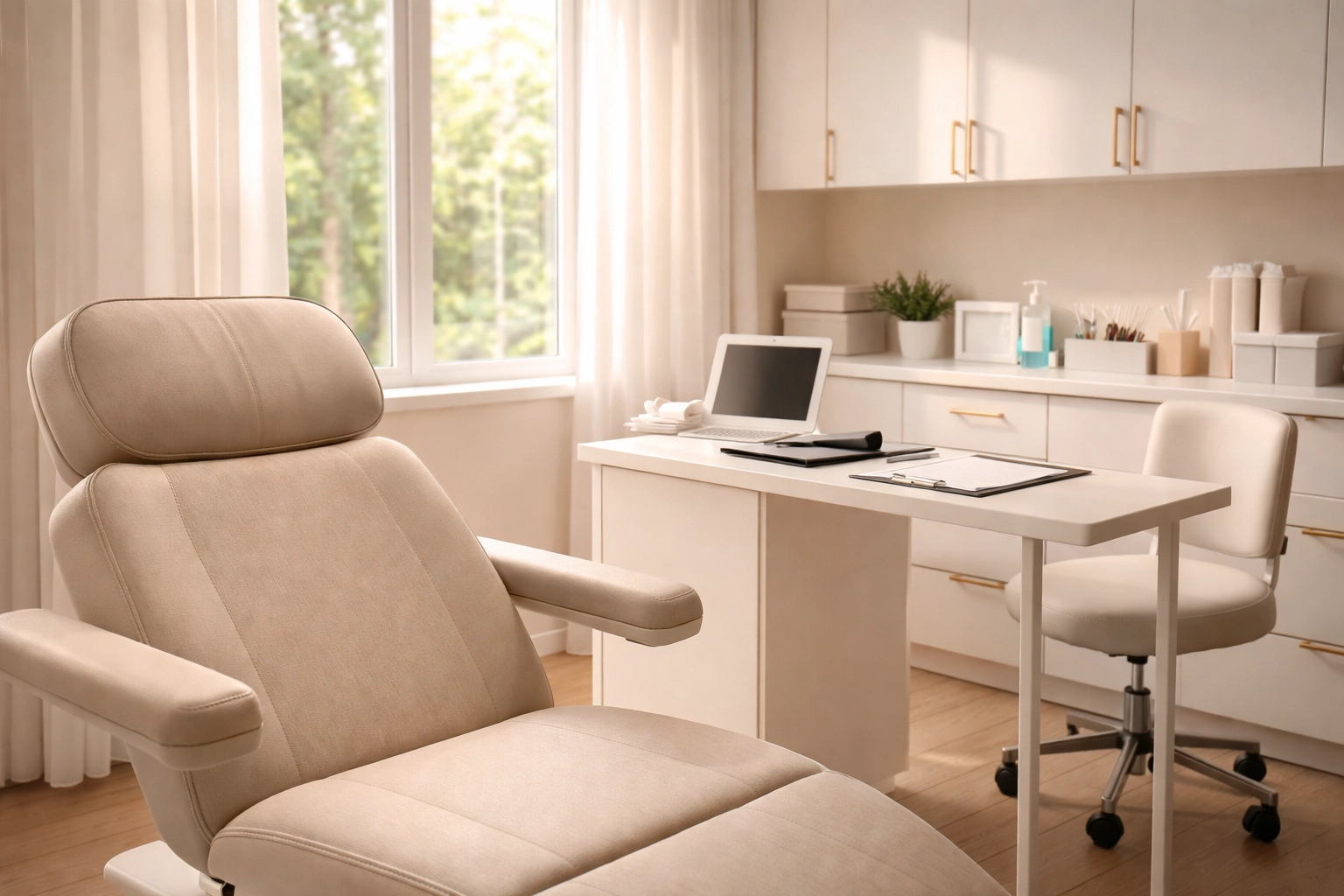 Modern medical consultation room with exam chair, representing clinical care for testosterone replacement therapy