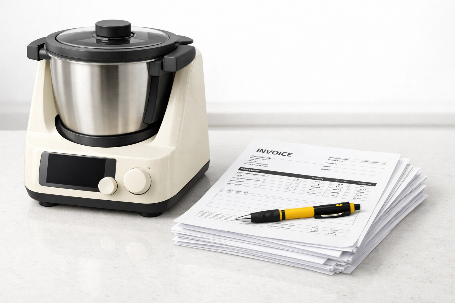 Designer kitchen appliance and trade shipping invoices representing quality wholesale inventory.