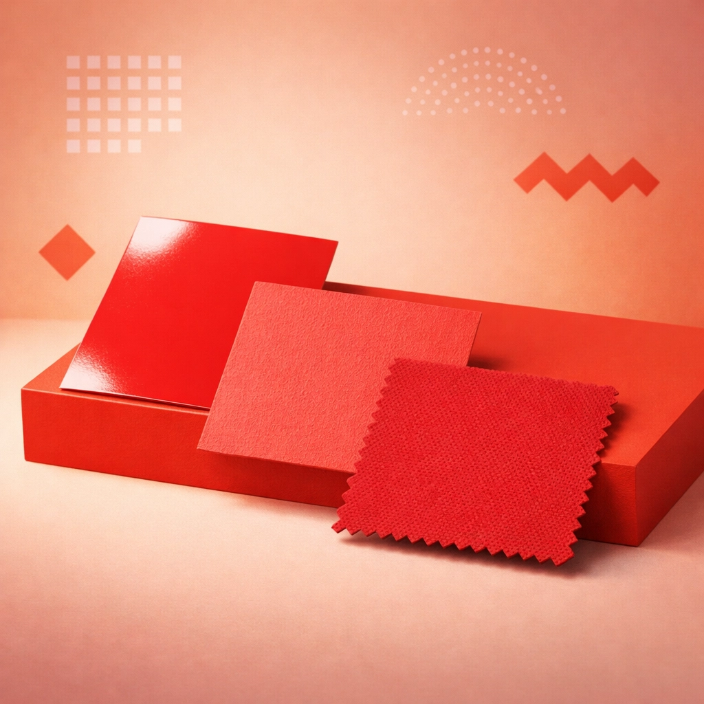 Same Pantone color on three different materials: glossy paper, matte paper, and fabric substrate