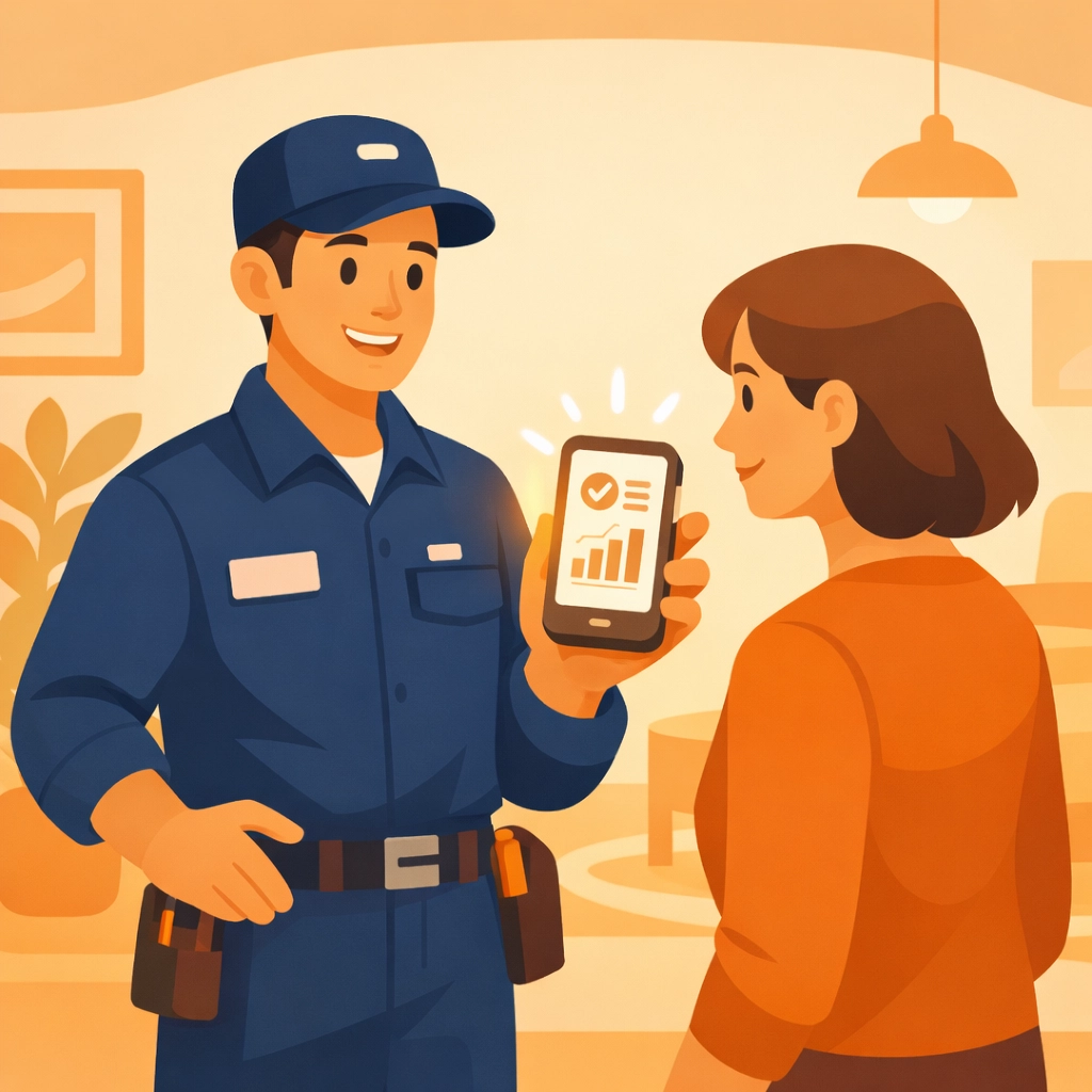 Service technician showing a digital job report to a homeowner on a mobile device for faster payments.