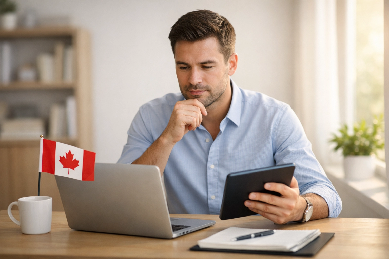 A Canadian professional reviewing financial options for a same day loan Canada in a home office.