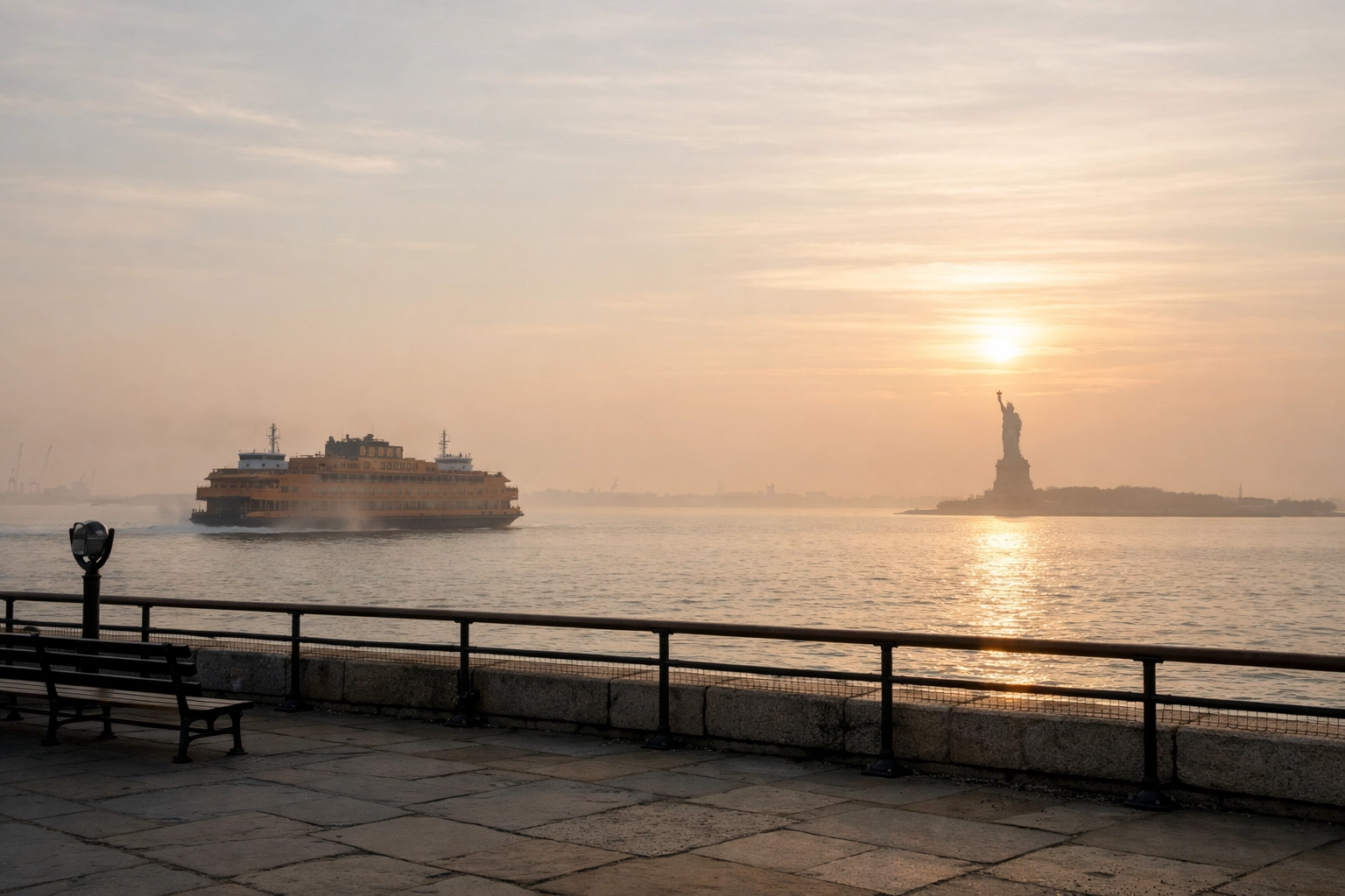 Statue of Liberty silhouette at sunrise in New York Harbor viewed from Battery Park at dawn.