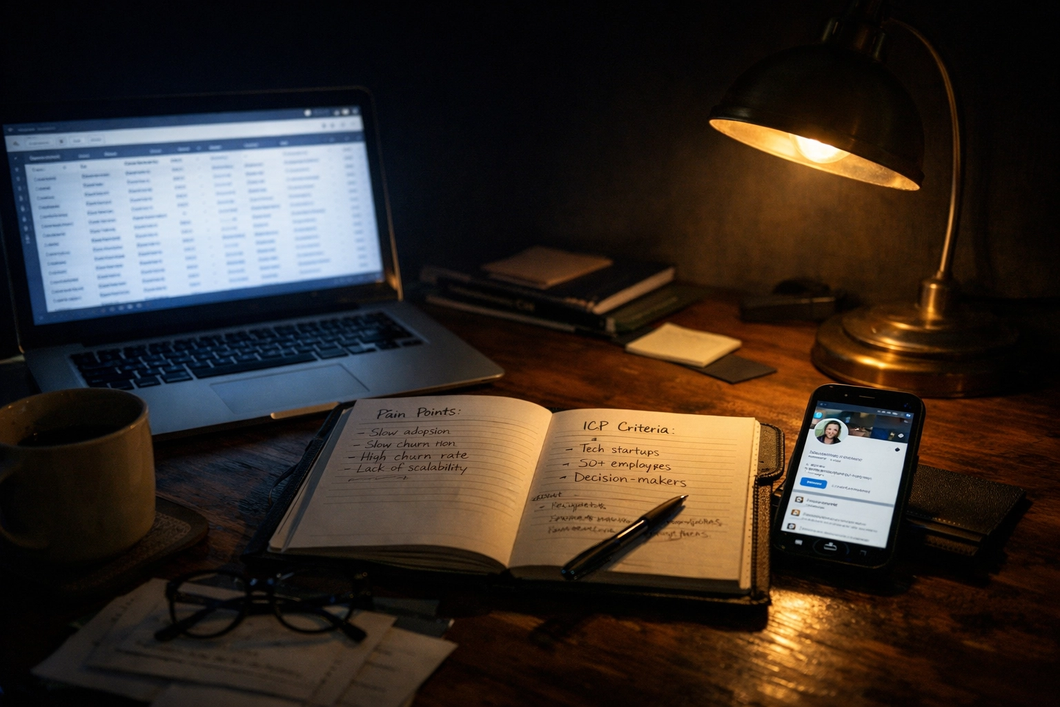 Founder's desk with laptop showing prospect research and ICP notes for SDR hiring decision