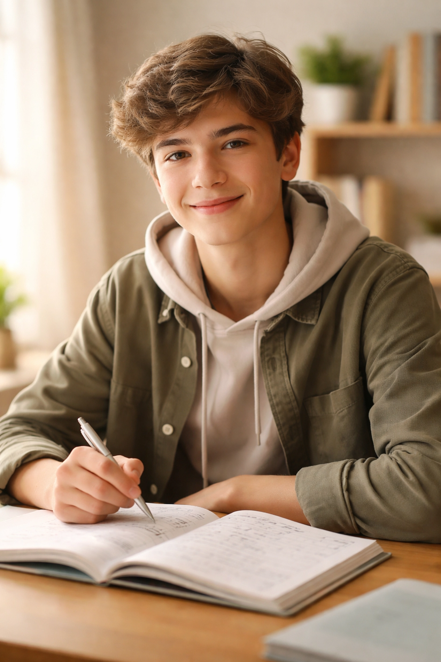 Confident A Level Chemistry student smiling at desk after successful tutoring session