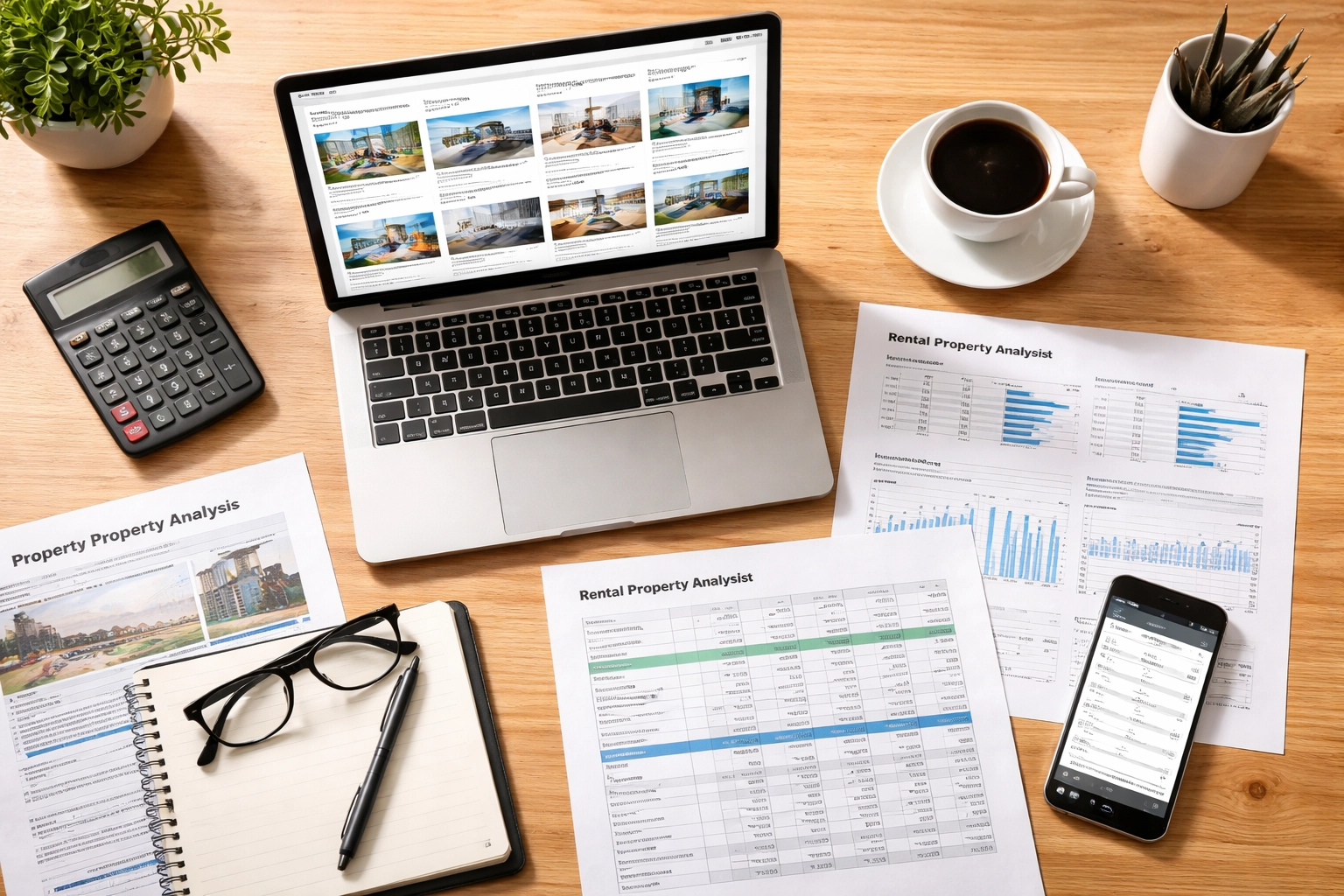 Top view of a real estate investor's desk with property listings and financial analysis for medium-term rental planning