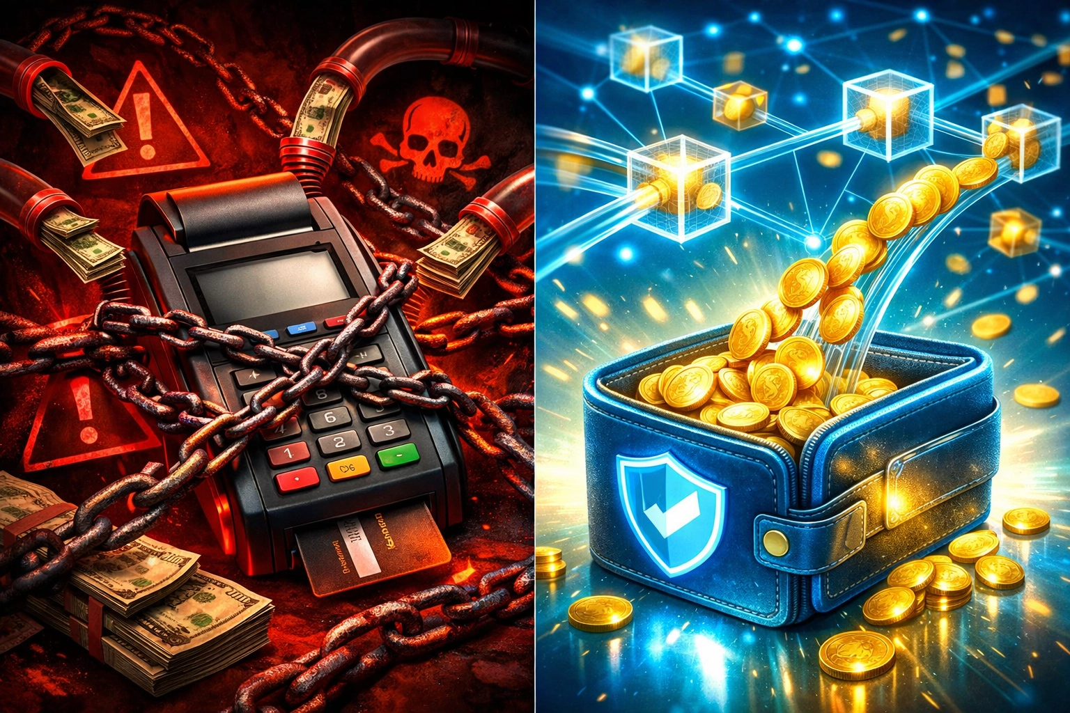 Comparison of high traditional merchant fees versus low-cost Web3 blockchain payment processing