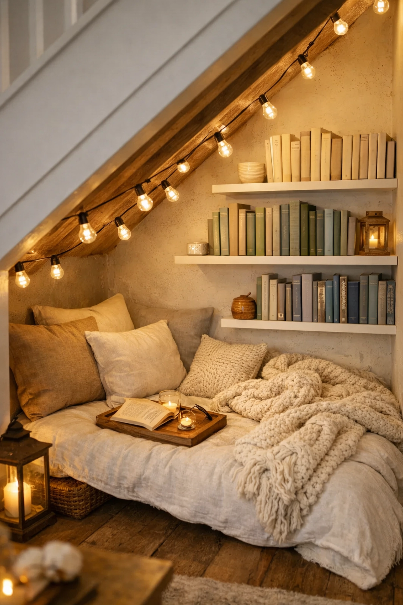 Under-stairs reading nook with floor cushions, string lights, and floating bookshelves