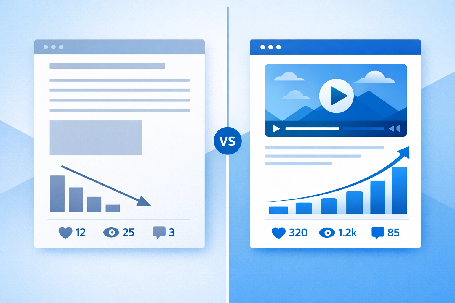 Comparison of text-only webpage versus video-enhanced page showing improved engagement metrics and SEO performance