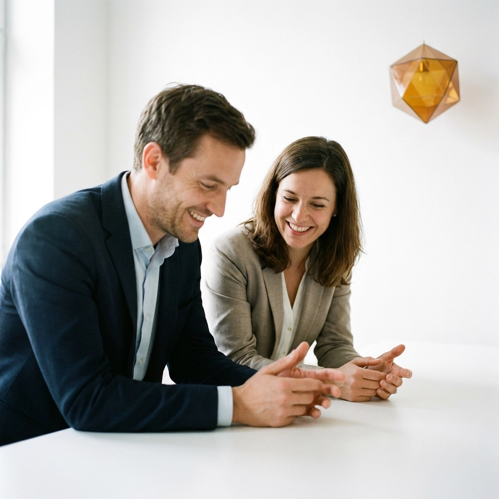 Two professionals having an authentic conversation, highlighting human connection and trust in B2B web design.