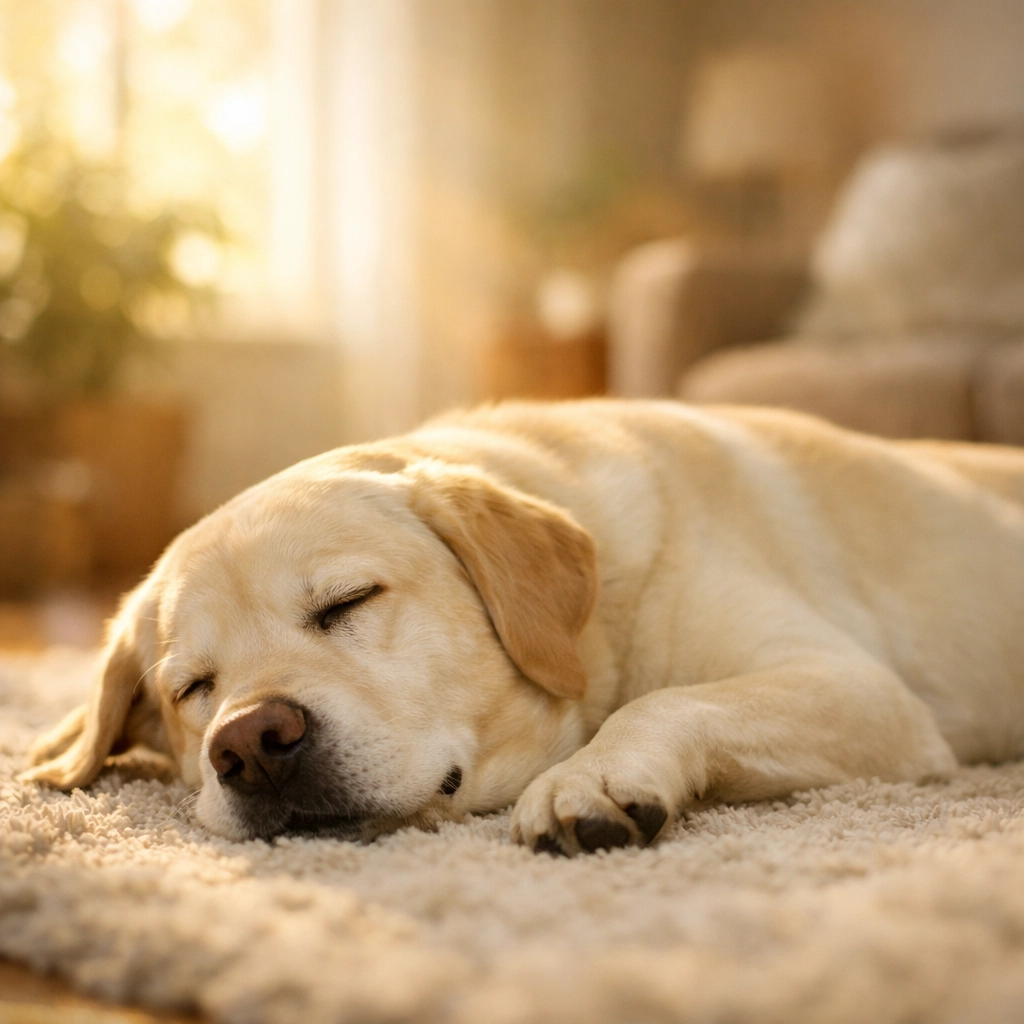 Healthy Labrador Retriever resting in sunlight, representing a strong canine immune system and internal balance.