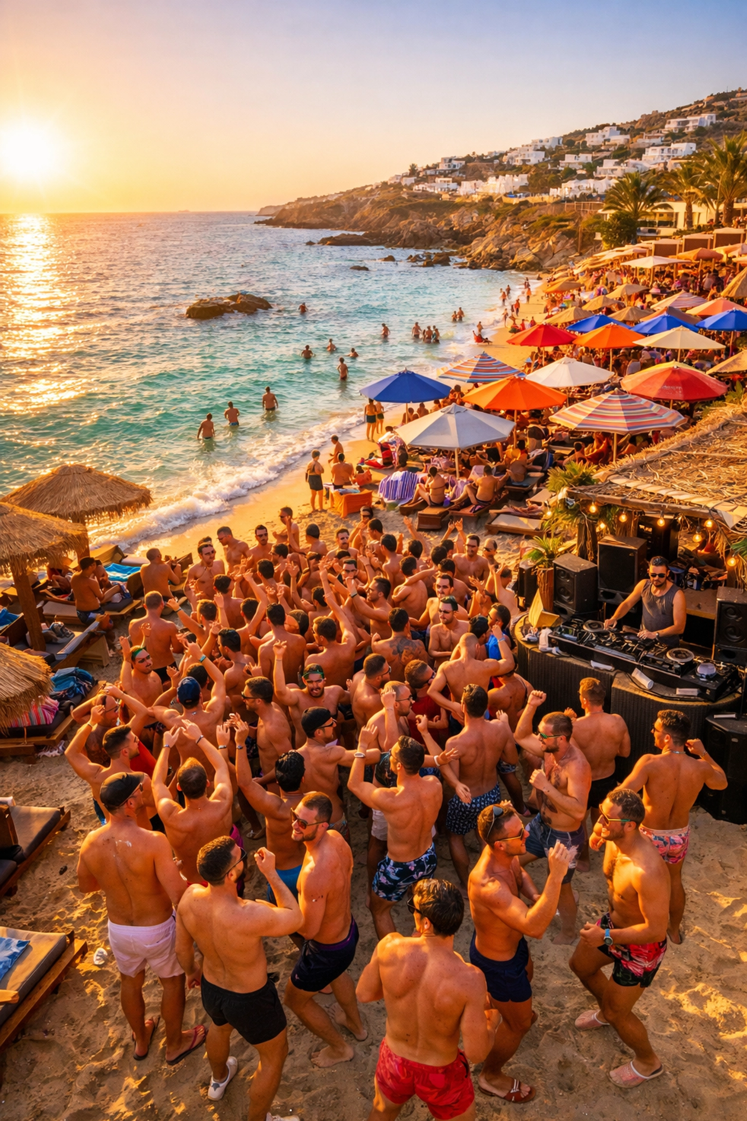 Super Paradise Beach Mykonos gay beach party with dancing crowd at golden hour