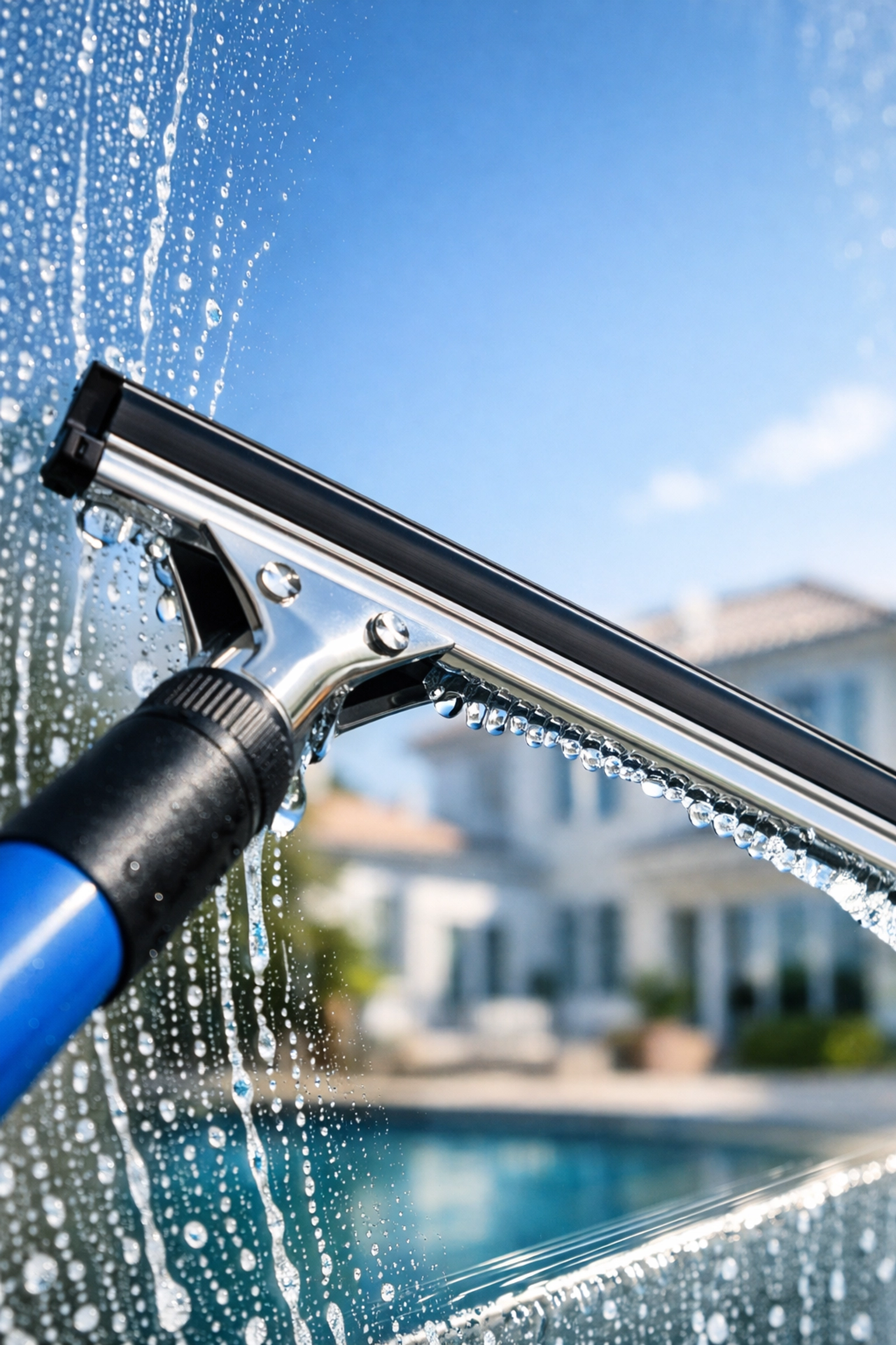 Close-up of a professional squeegee cleaning glass to ensure a streak-free finish for home showings.