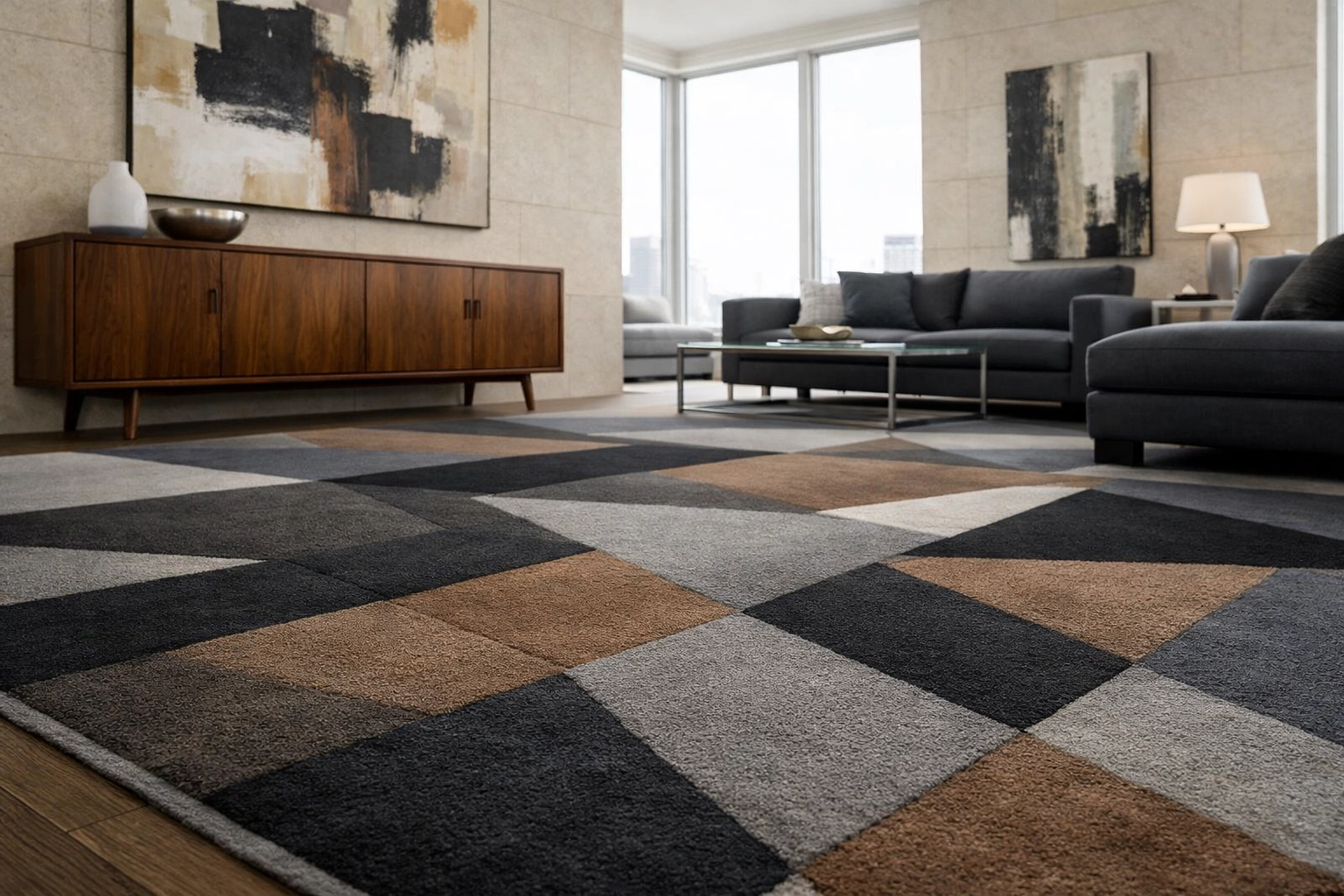 Custom geometric carpet unifying midcentury furniture and contemporary art in luxury penthouse