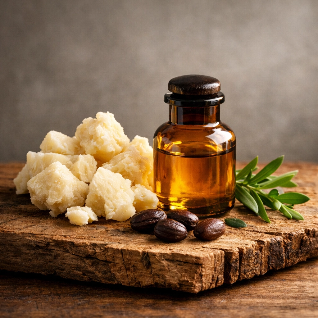 Raw ingredients like shea butter and jojoba oil used for high-performance beard conditioning.