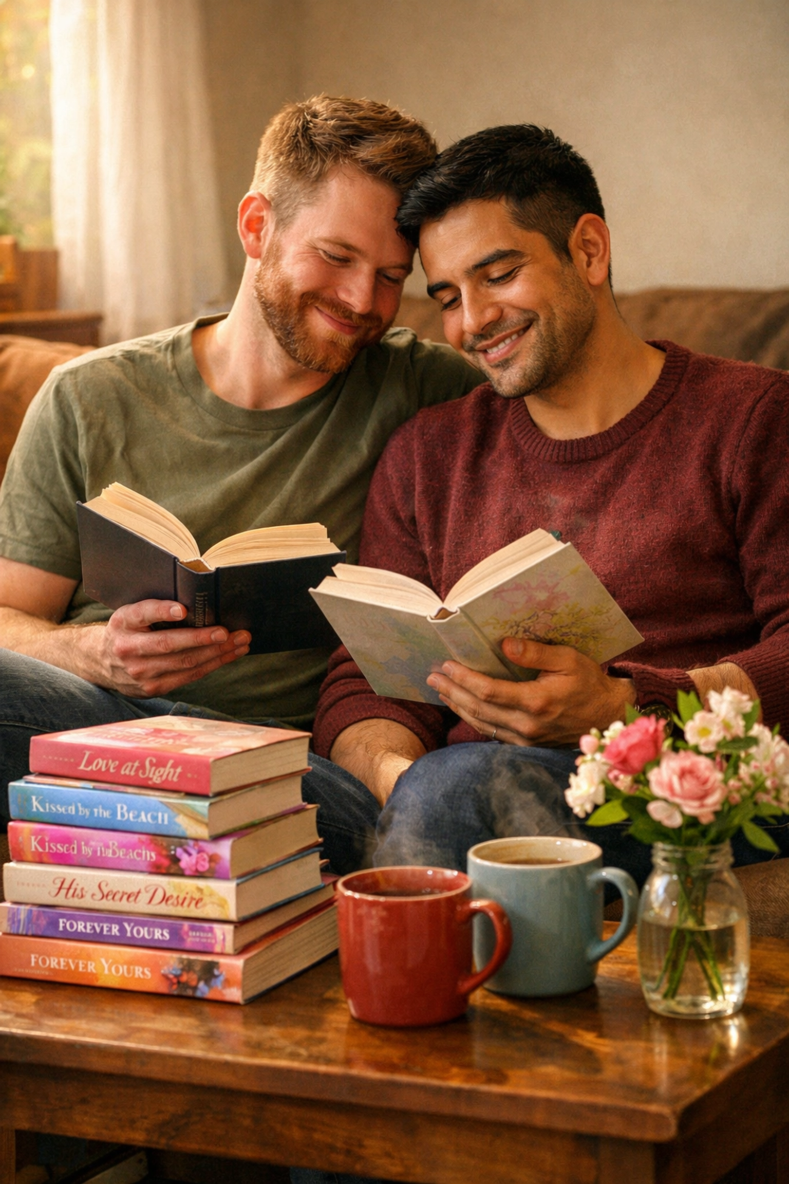 Gay men reading MM romance books together for Valentine's book club