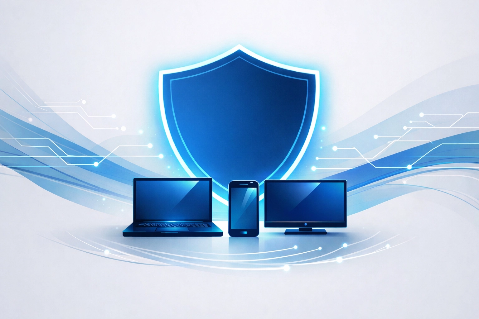 Minimalist illustration of a protective shield over home devices for Premier Broadband digital security.