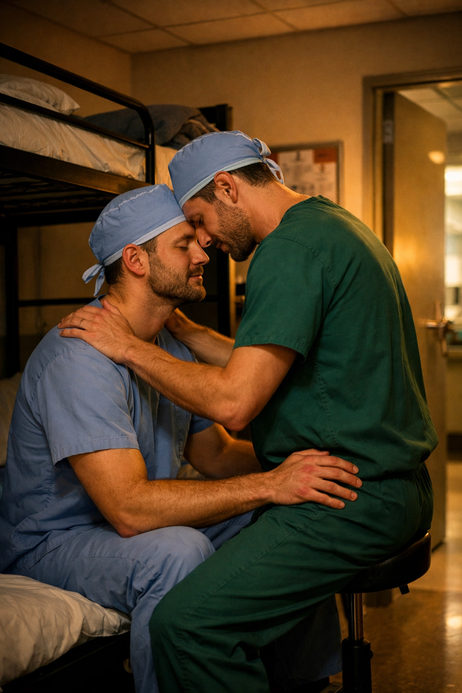 Two gay surgeons sharing an intimate moment in a hospital on-call room, a popular scene in steamy MM romance books.