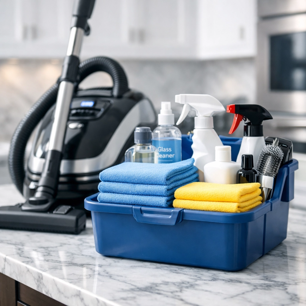 Professional-grade supplies and equipment used by top house cleaning services in MA for residential deep cleaning.