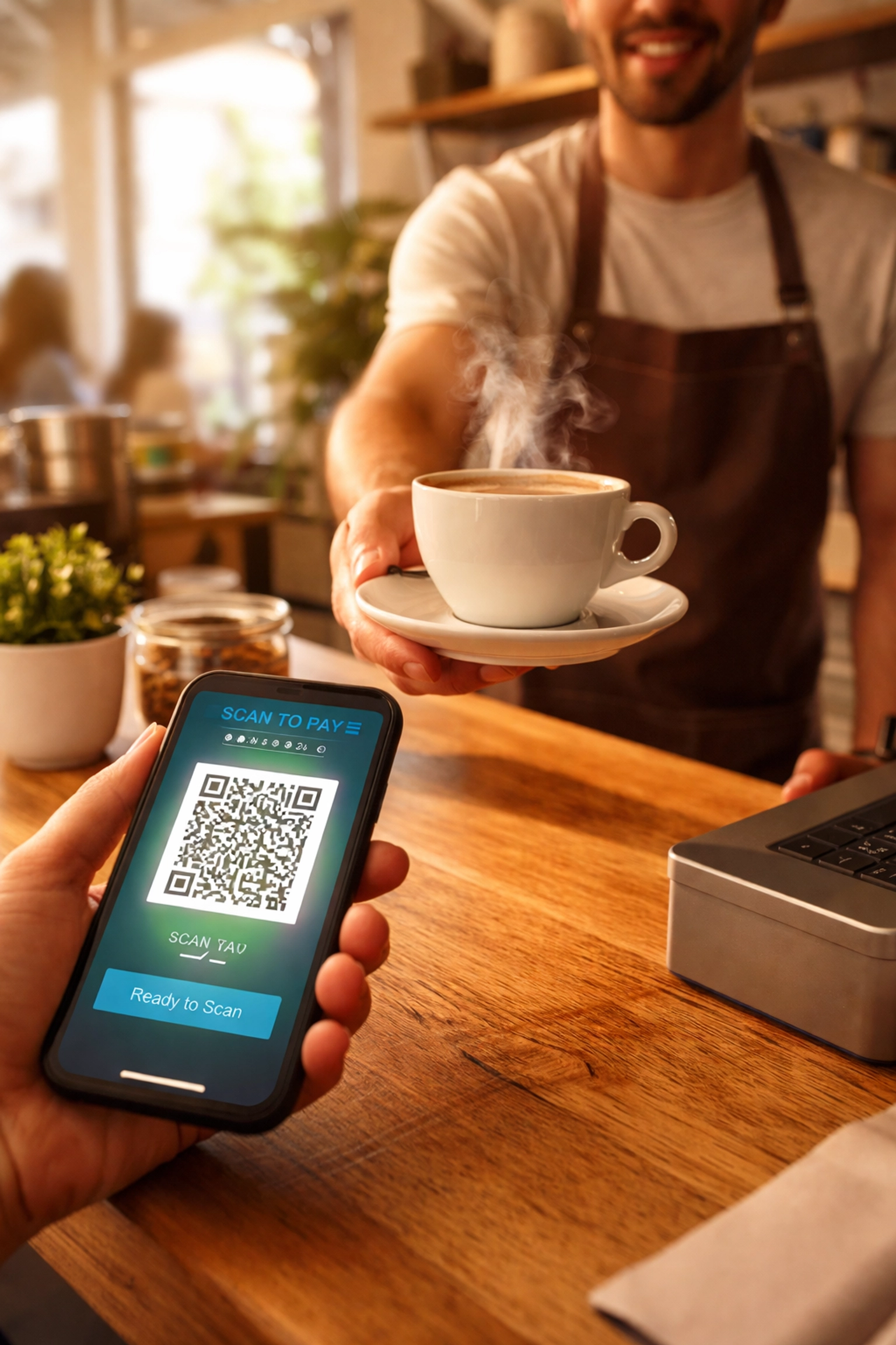 Barista serving coffee while customer pays with smartphone and QR code, illustrating fast crypto POS checkout in a café