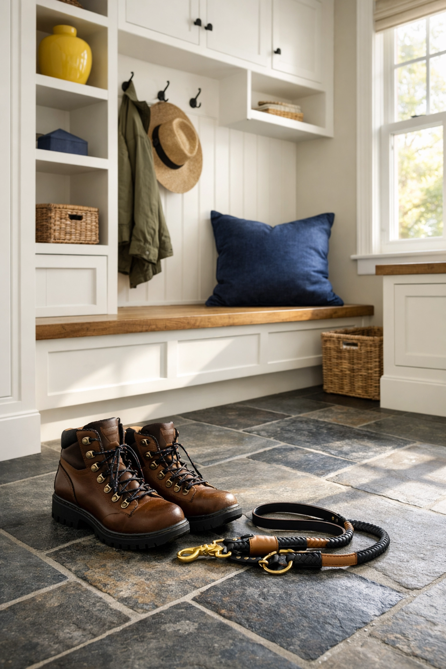 Clean and organized luxury mudroom in a Carlisle home, ready for active pets and families.