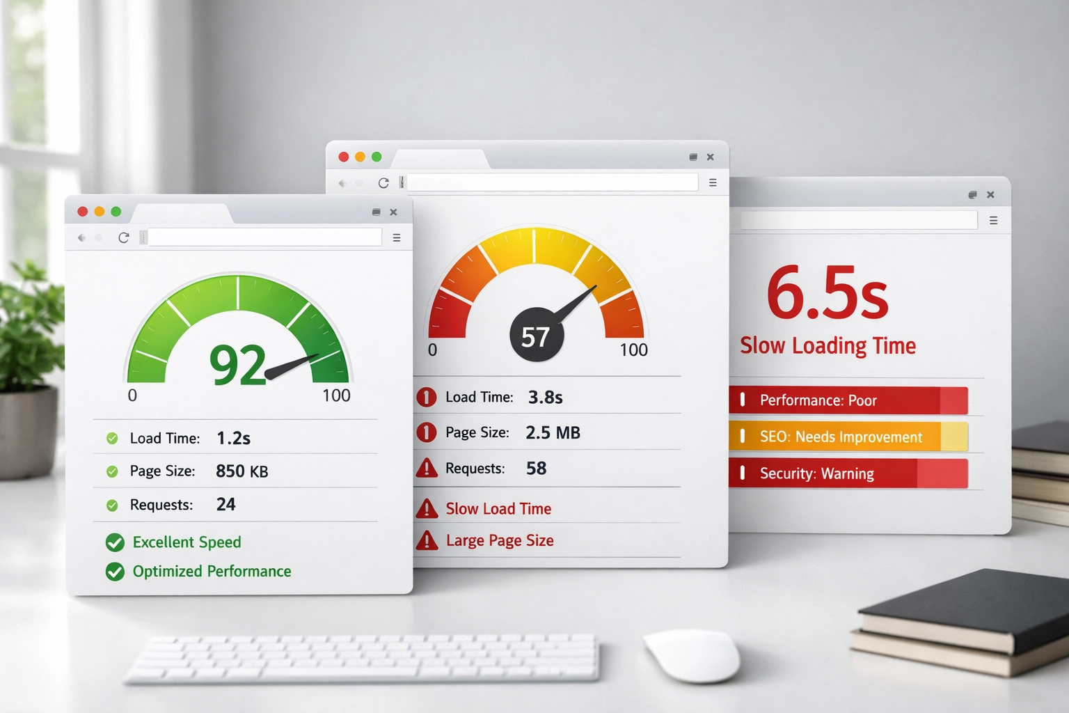 Core Web Vitals performance metrics showing site speed test results and warnings