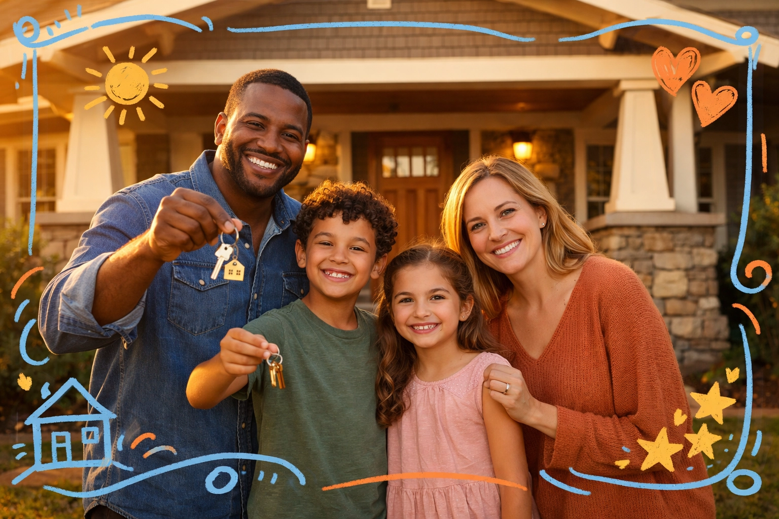Family celebrating with house keys in front of new craftsman home in Cobb County
