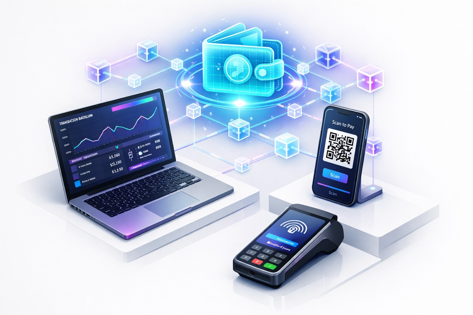 Crypto payment gateway integration across laptop, mobile, and POS terminal with blockchain connections