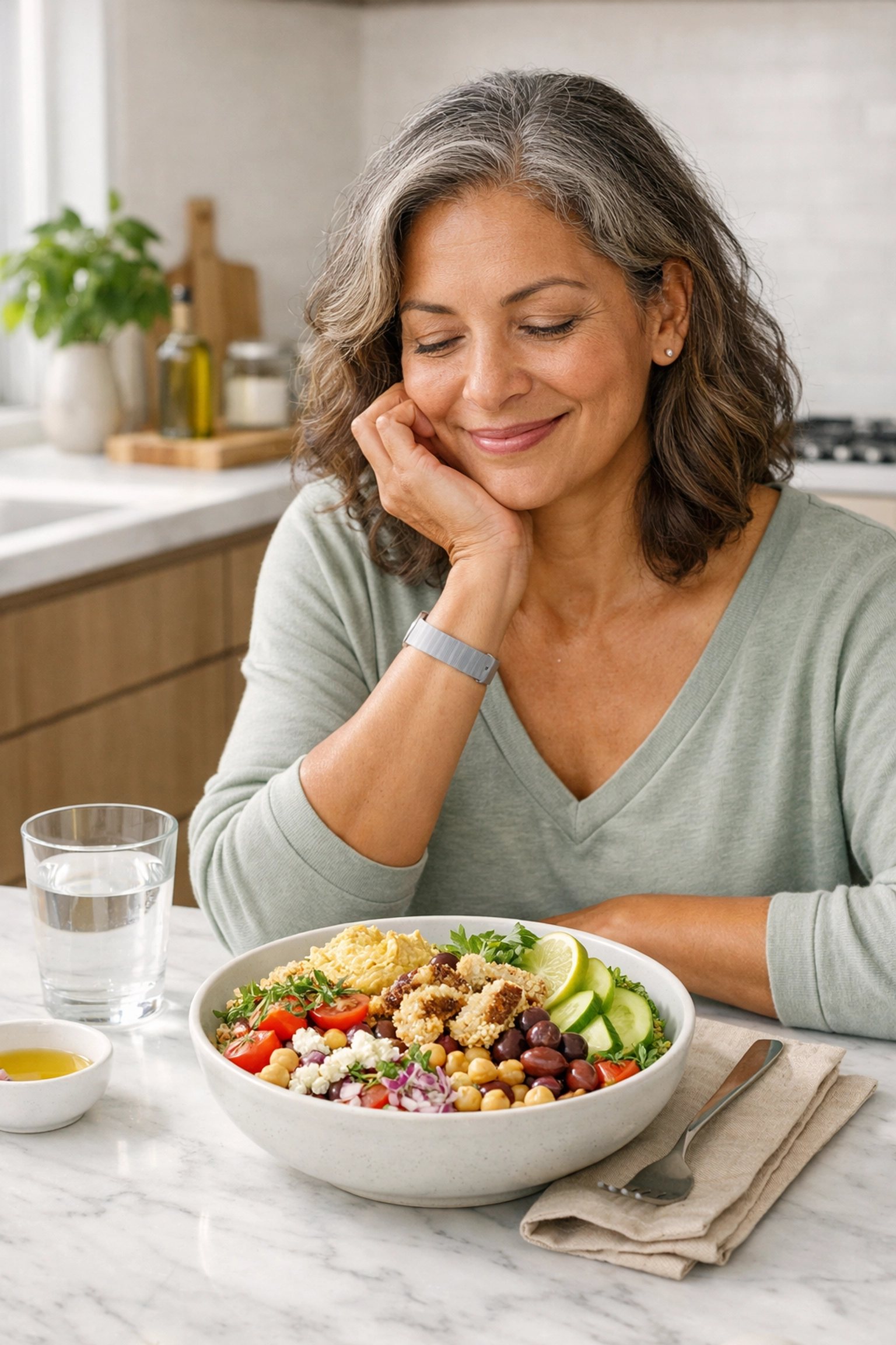 Woman enjoying a balanced healthy meal while using Tirzepatide for metabolic weight management.