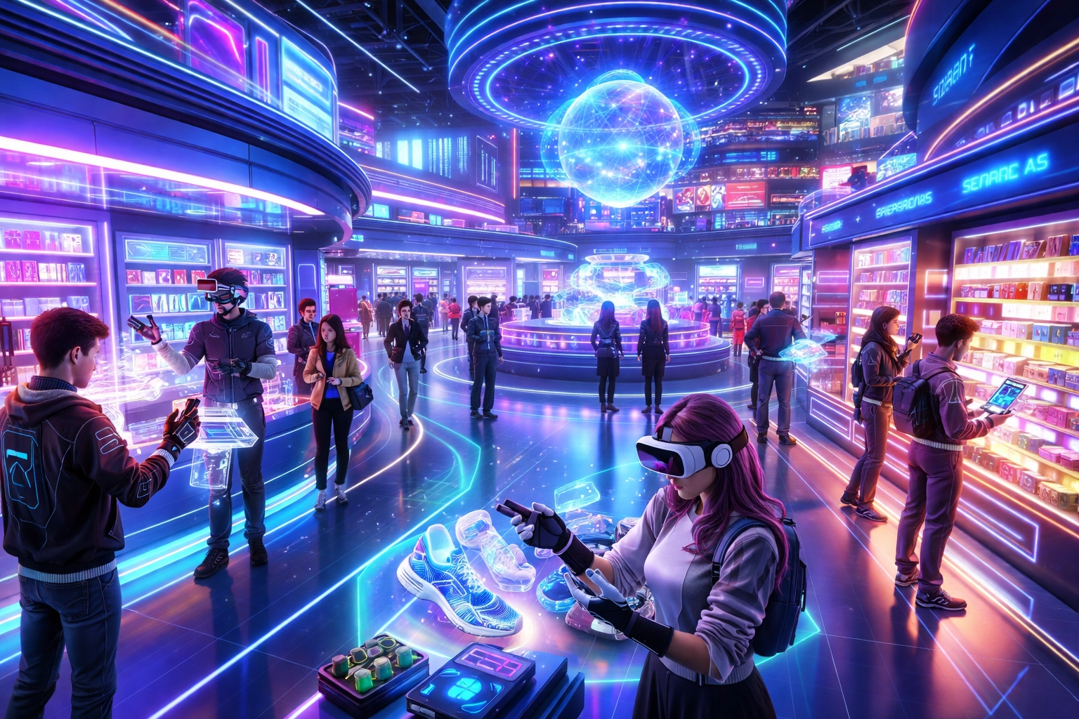 Avatars shopping in a futuristic metaverse mall, illustrating VR/AR social commerce and crypto payments