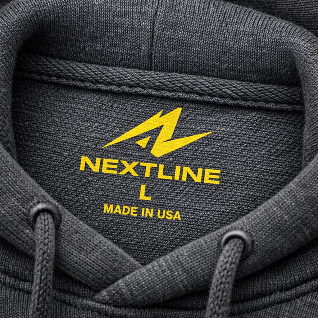 Professional screen-printed custom tags for shirts on the inside collar of a high-quality hoodie.