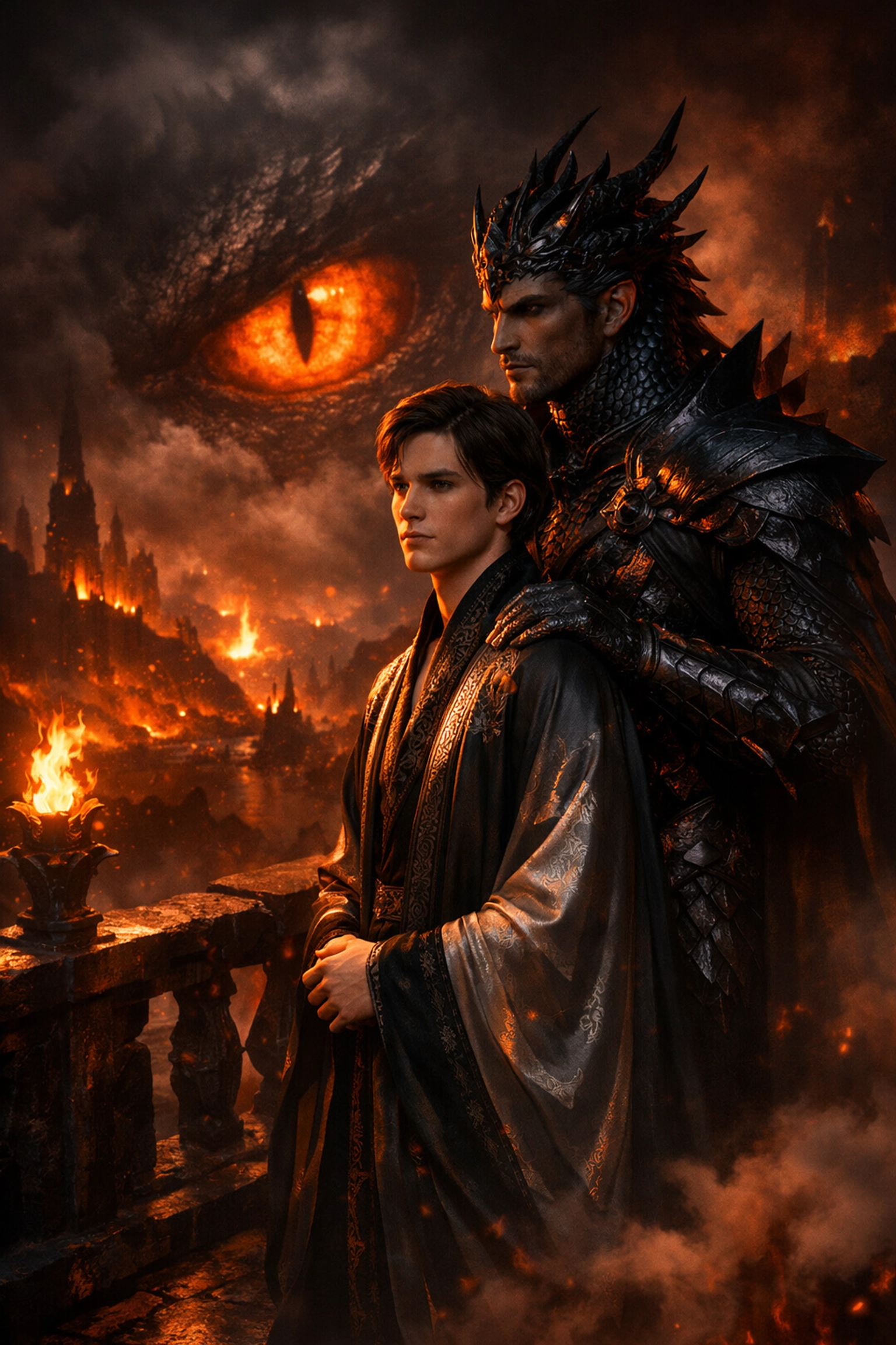 A Dragon King in scale armor stands with his male consort overlooking a fiery kingdom in an MM fantasy romance.