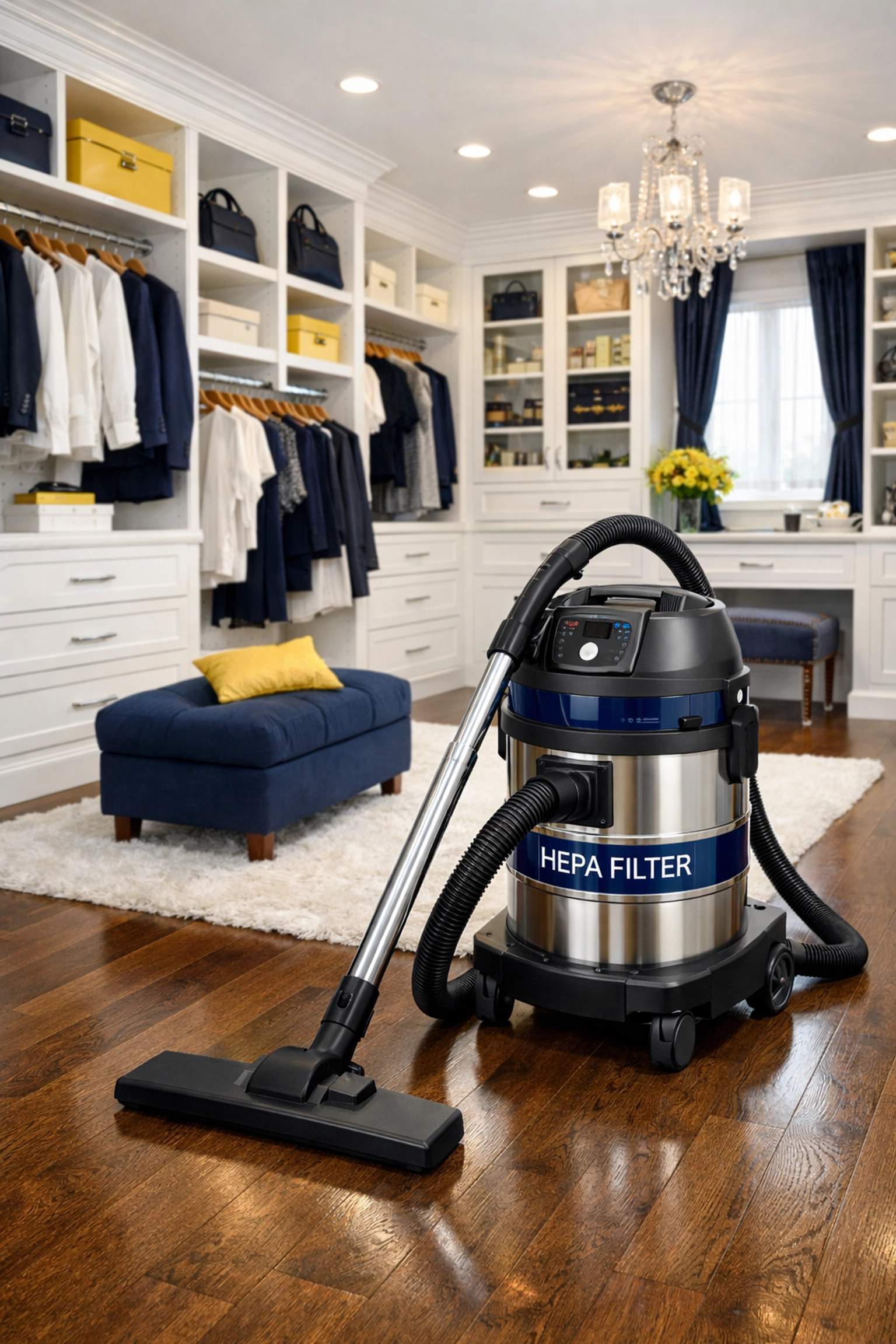 Meticulous post-construction closet cleaning using a professional HEPA vacuum on hardwood floors.