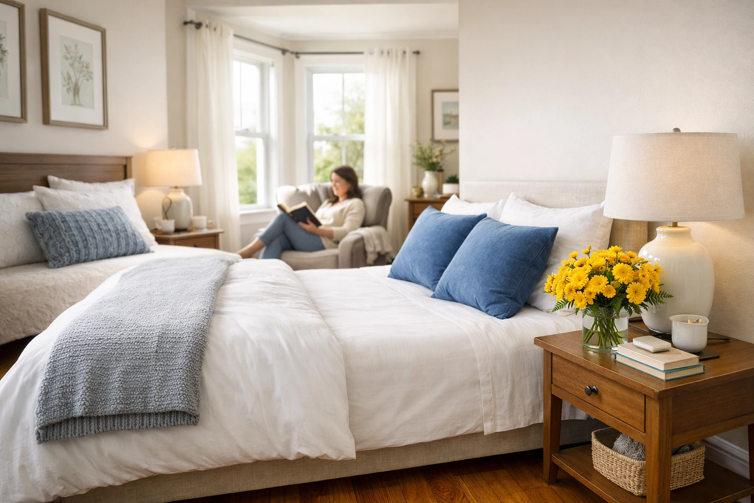 Relaxed homeowner enjoying a clean, organized bedroom after professional house cleaning services MA.