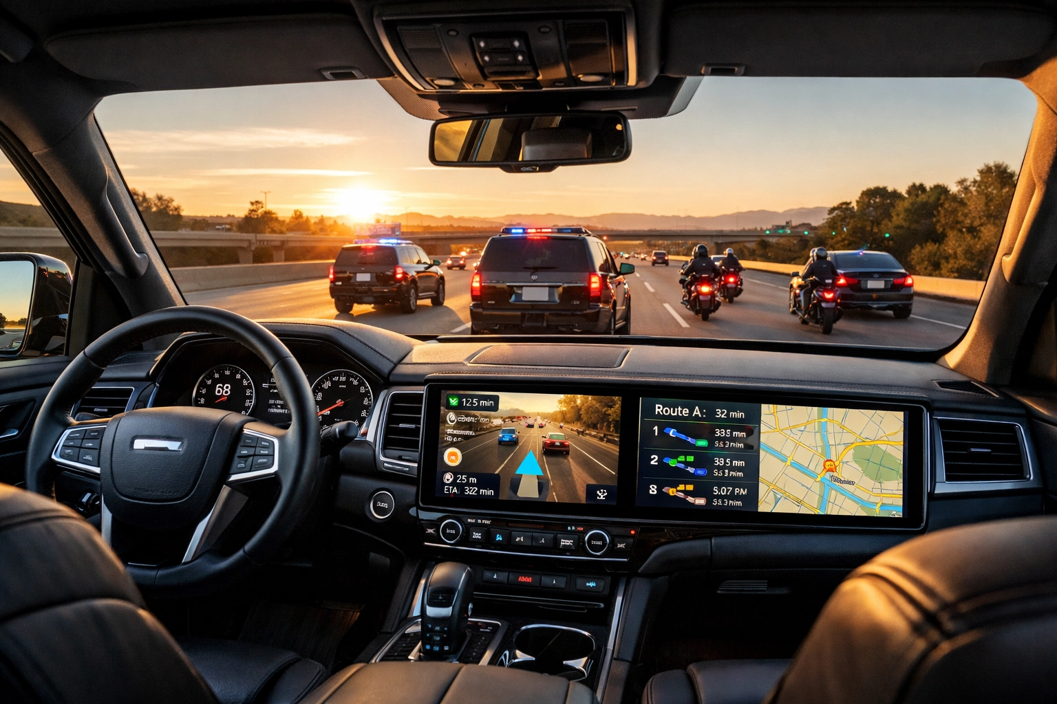 Luxury executive transportation with GPS navigation and security escort for VIP Super Bowl travel