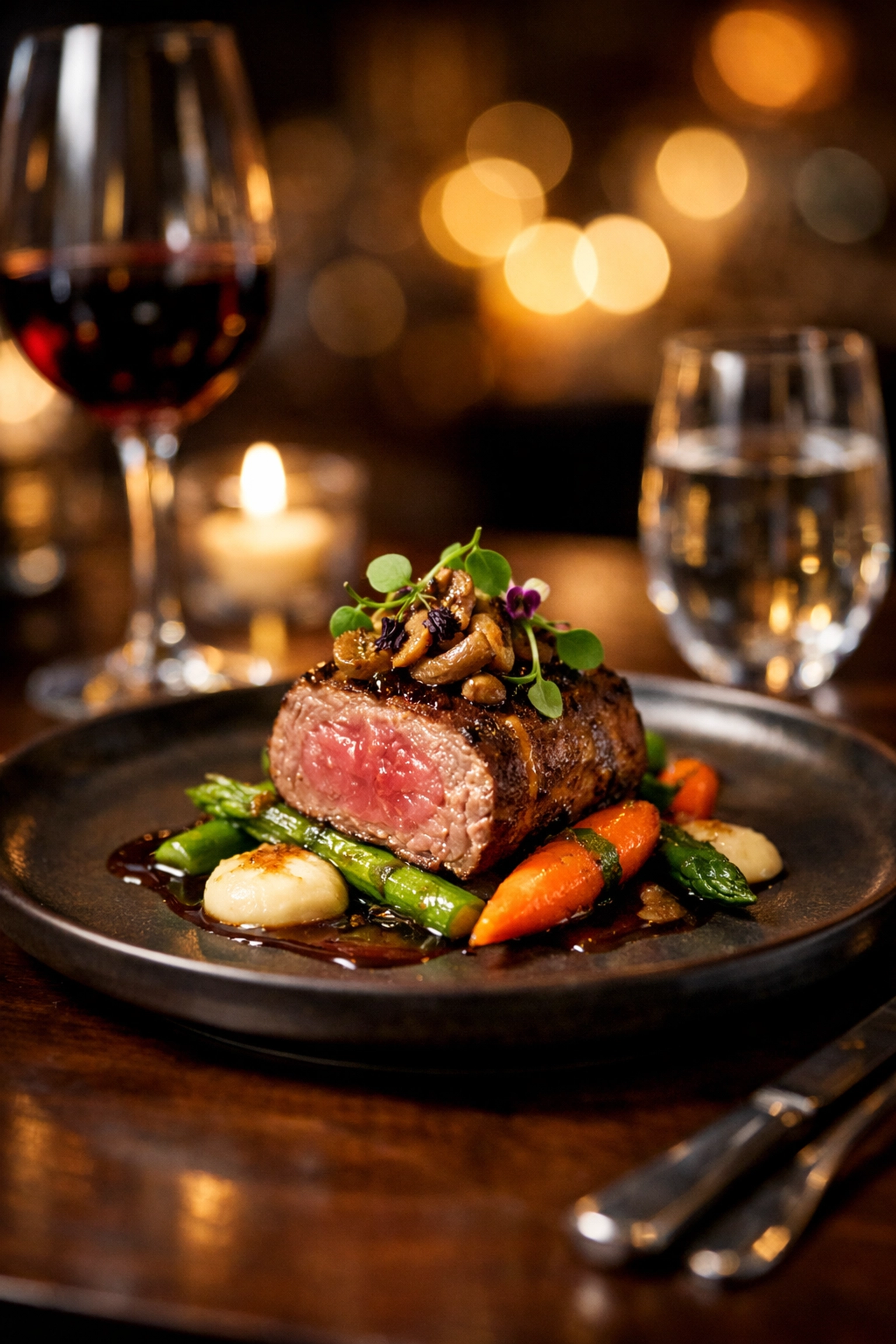 Professional food photography of a gourmet dish in an upscale restaurant for a commercial client project.