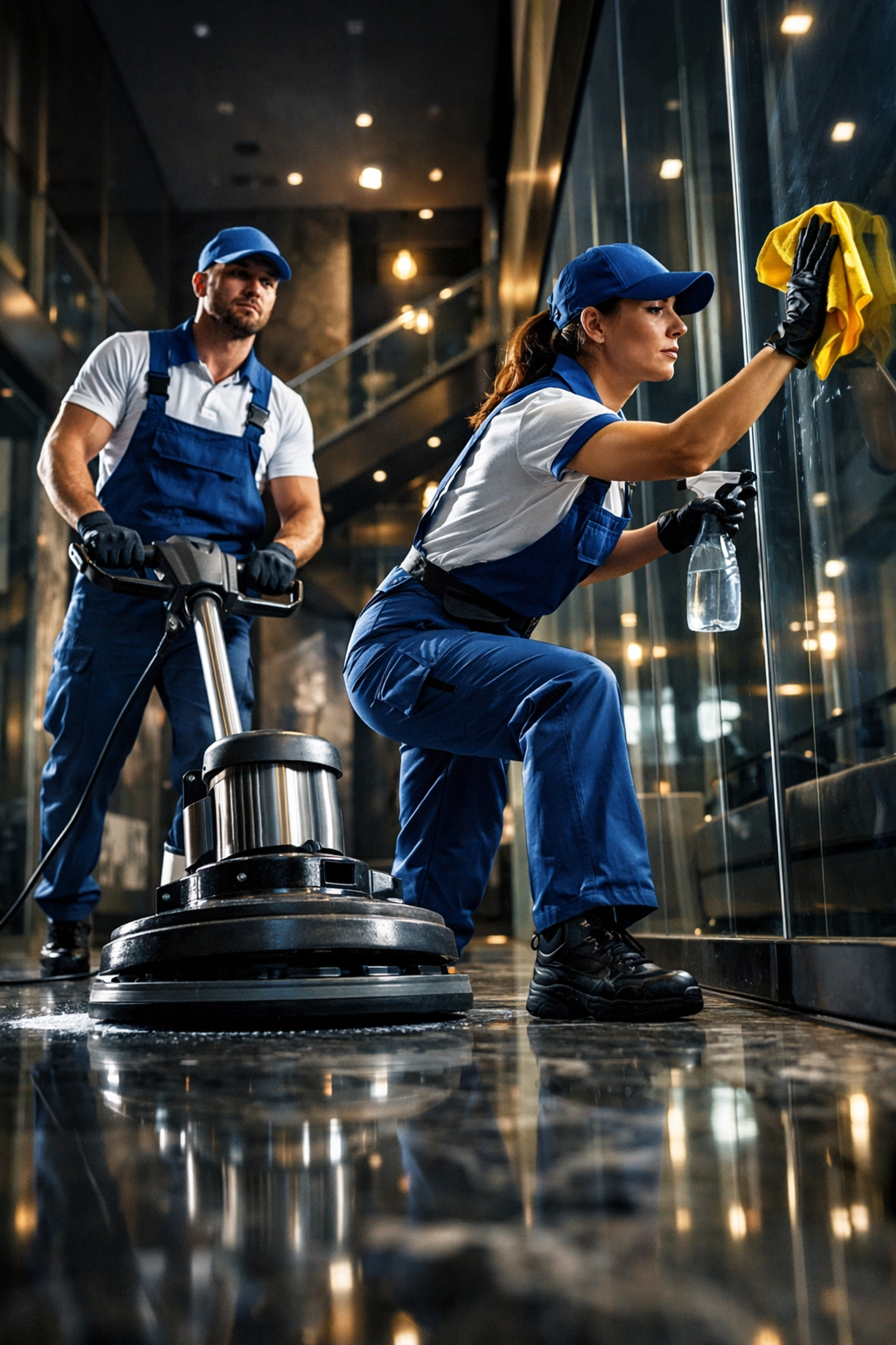 Expert team providing commercial cleaning services near me in a modern office with polished floors.