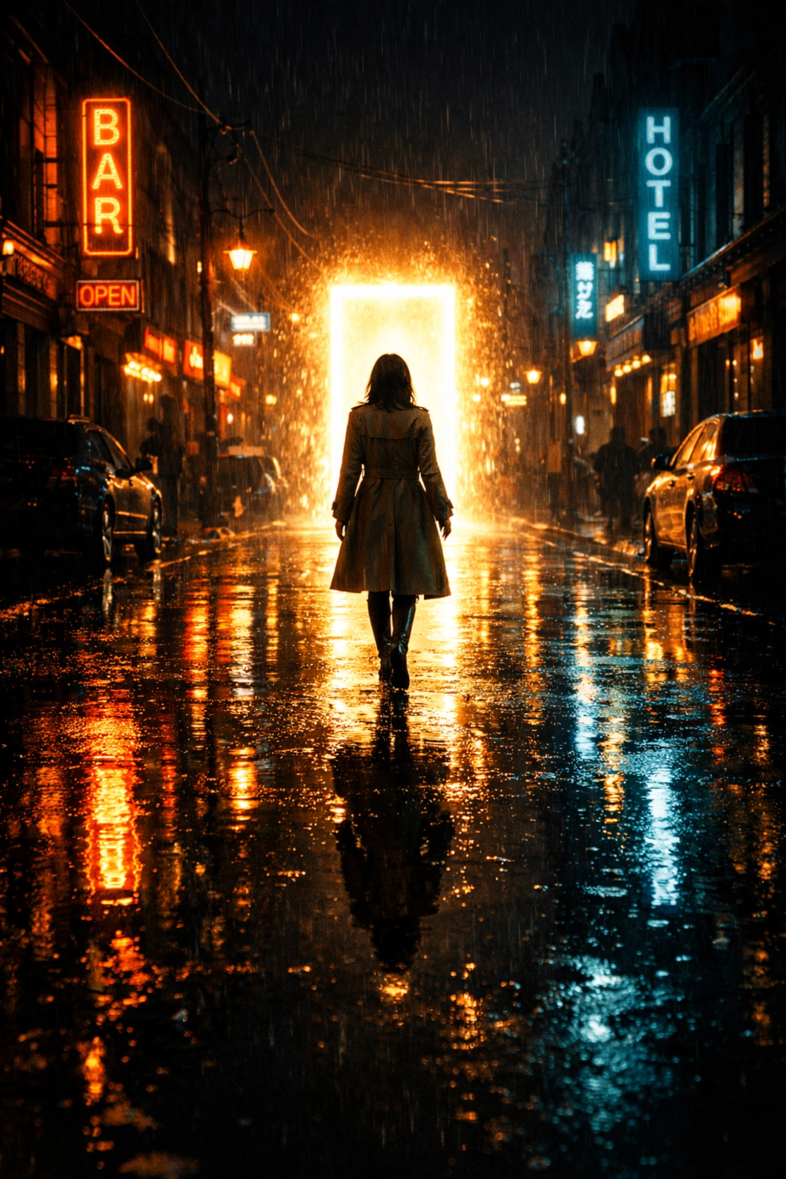 Cinematic night street scene with reflections showcasing advanced AI video lighting effects.