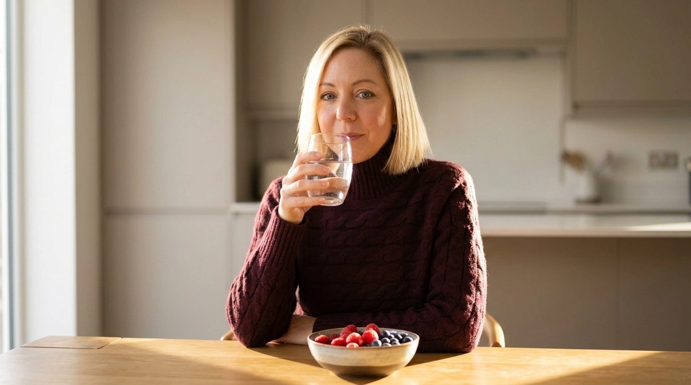 A relatable midlife woman with a calm, relieved expression sitting at a sunlit kitchen table with a bowl of fresh berries, representing perimenopause support starting from within.