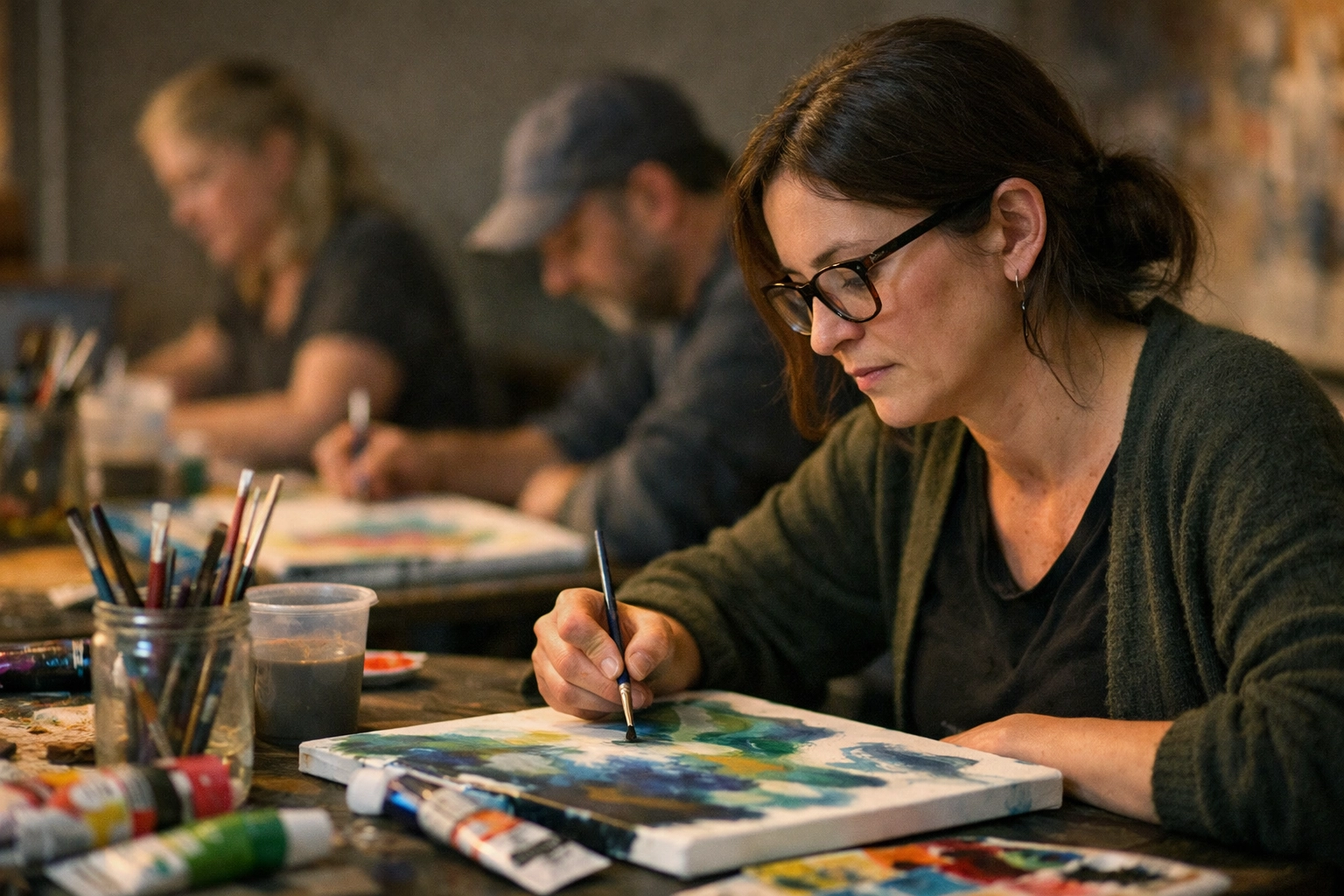 Employee focused on abstract painting during facilitated creative workshop for introverted team building